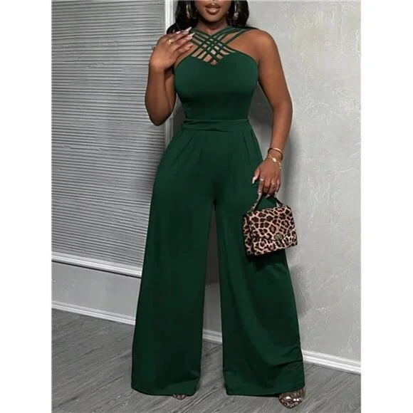 Casual Spaghetti Straps Pleated V-Neck Wide Leg Jumpsuit - E
